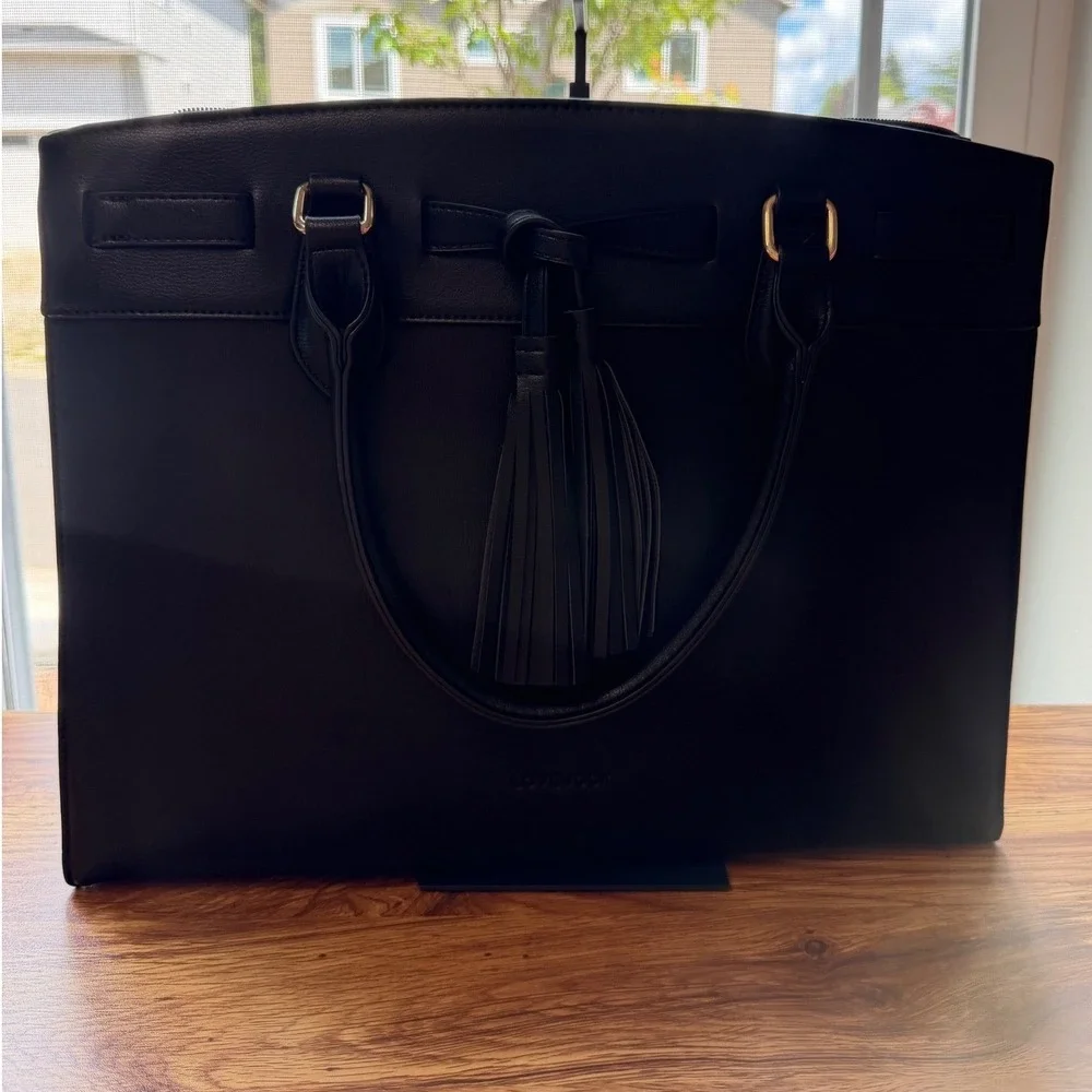 LOVEVOOK Black Faux Leather Laptop Tote Bag Tassel Work Briefcase Women's